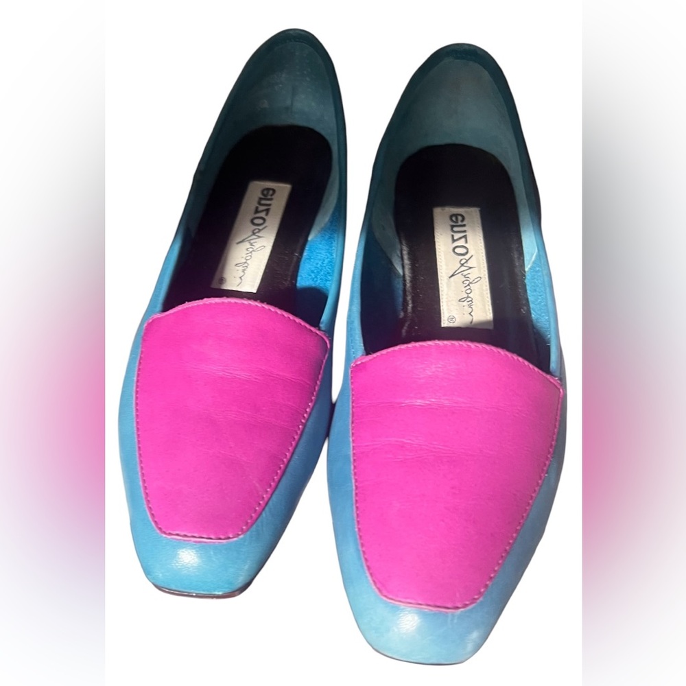 Retro 80s 90s Colorblock Leather Loafers Flats 7.5 Pink Teal Purple Multi-color
